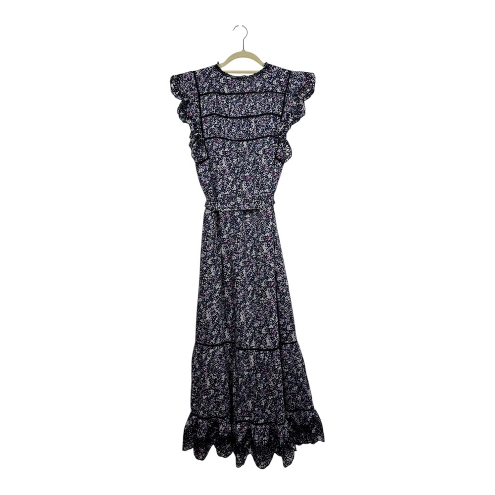 Rails Sofie Dress Sz L Navy MicroFloral Print Black Lace Frill Sleeve Midi Lined - Picture 2 of 2